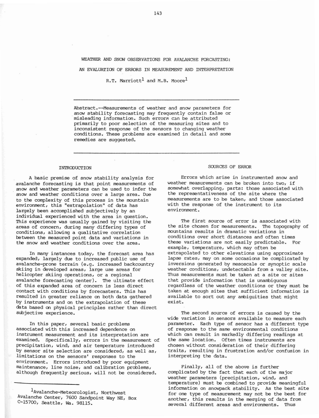 Weather and Snow Observations for Avalanche Forcasting: an Evaluation of Errors in Measurement and Interpretation