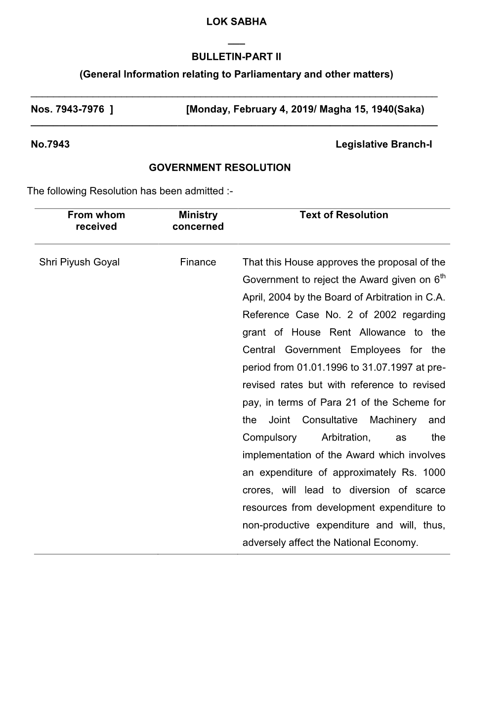 LOK SABHA ___ BULLETIN-PART II (General Information Relating to Parliamentary and Other Matters) ______Nos