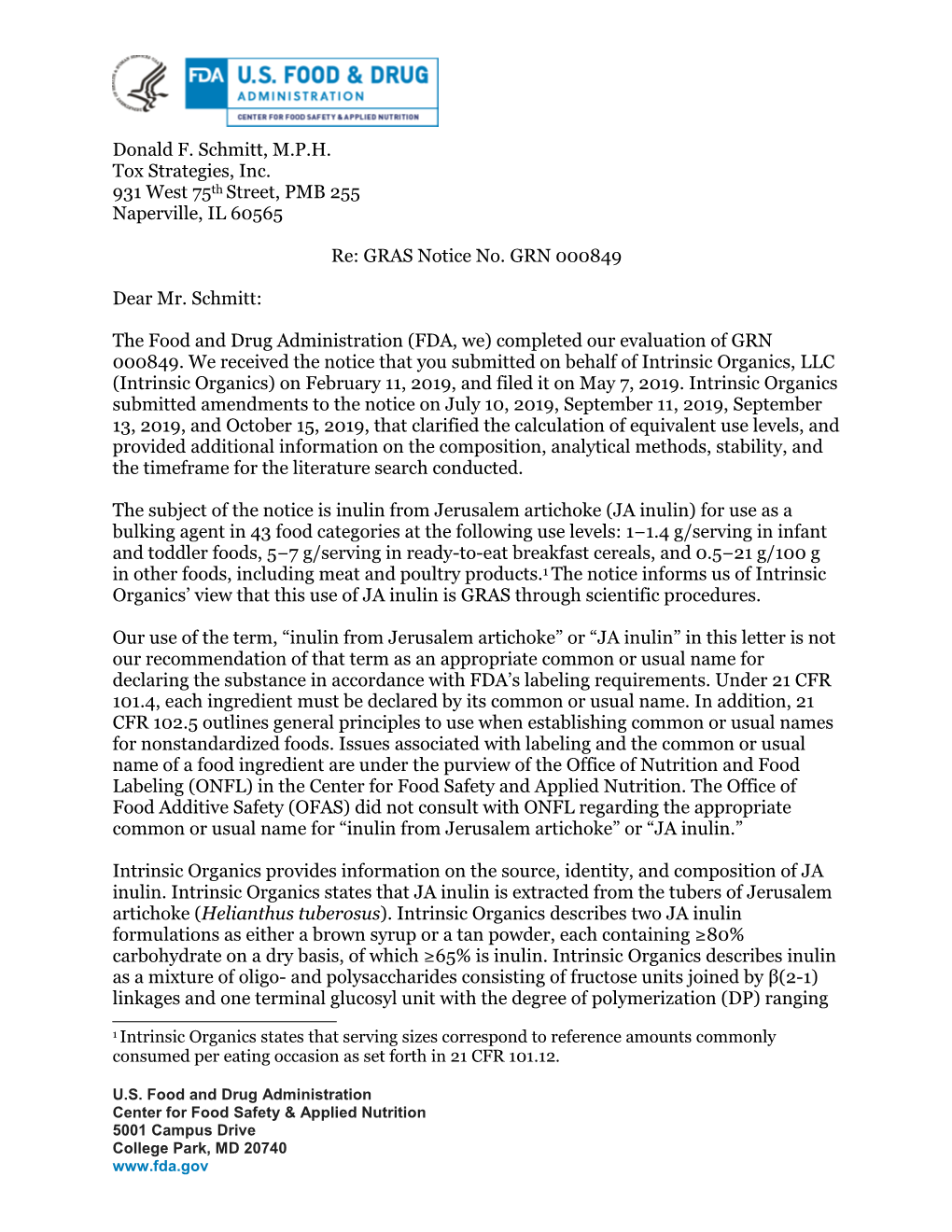GRAS Notice GRN 849 Agency Response Letter