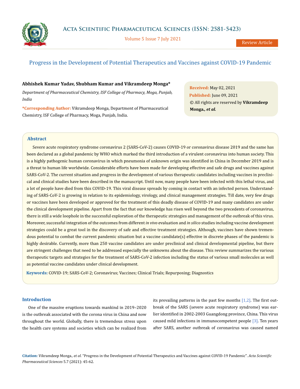 Progress in the Development of Potential Therapeutics and Vaccines Against COVID-19 Pandemic