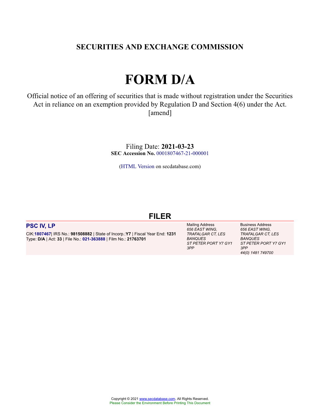 PSC IV, LP Form D/A Filed 2021-03-23