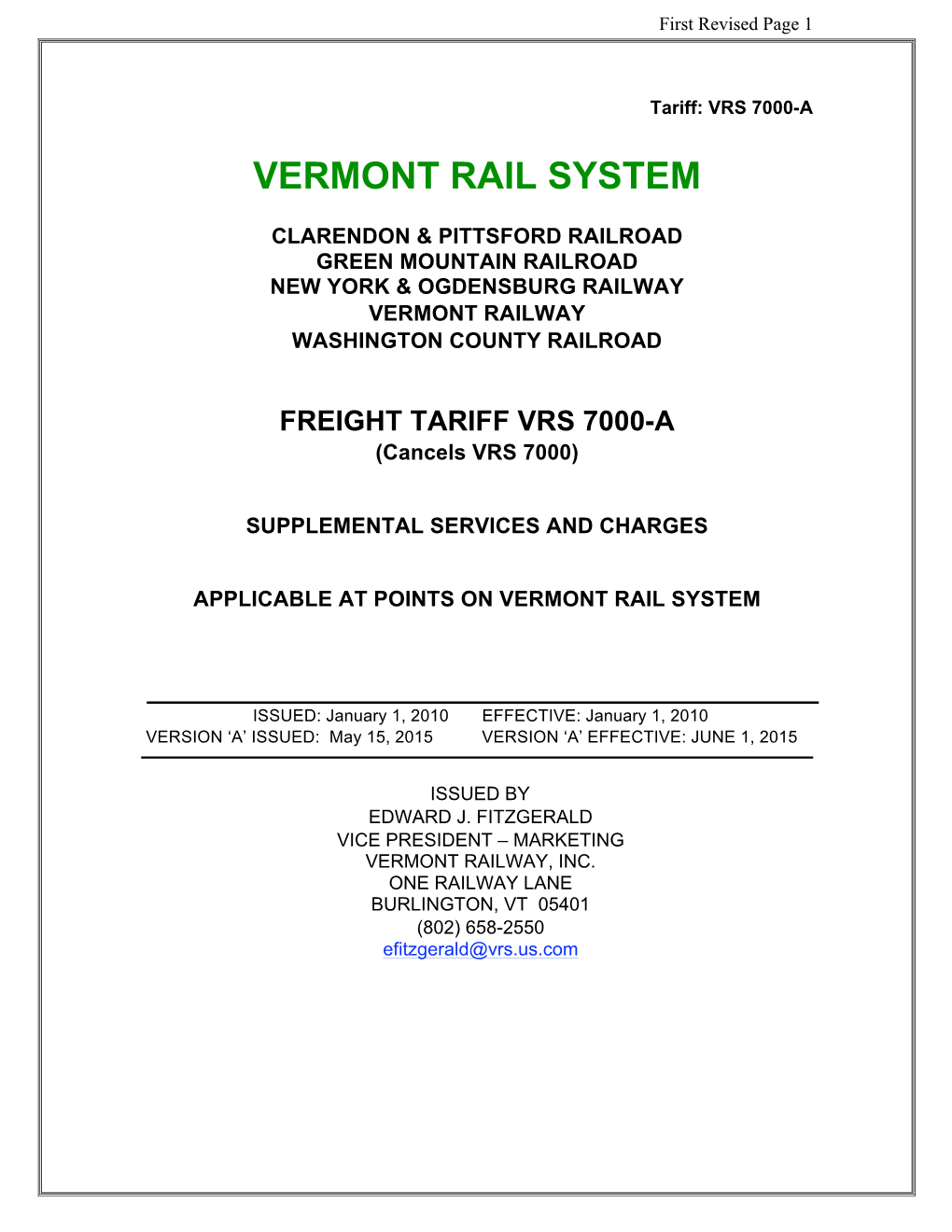 FREIGHT TARIFF VRS 7000-A (Cancels VRS 7000)