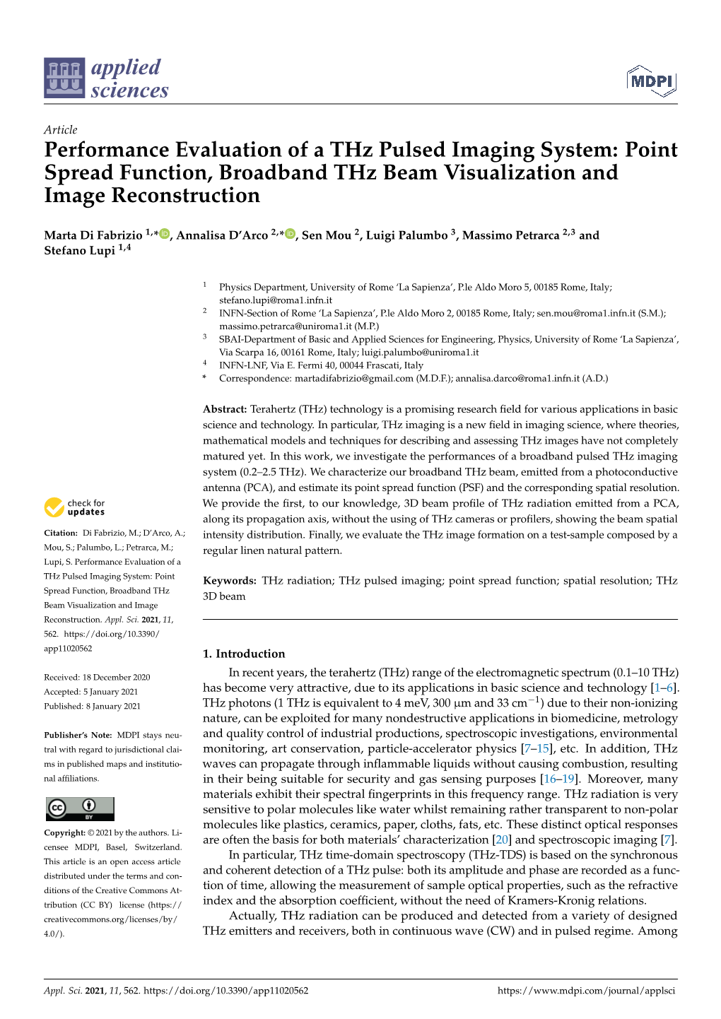 Performance Evaluation of a Thz Pulsed Imaging System: Point Spread Function, Broadband Thz Beam Visualization and Image Reconstruction