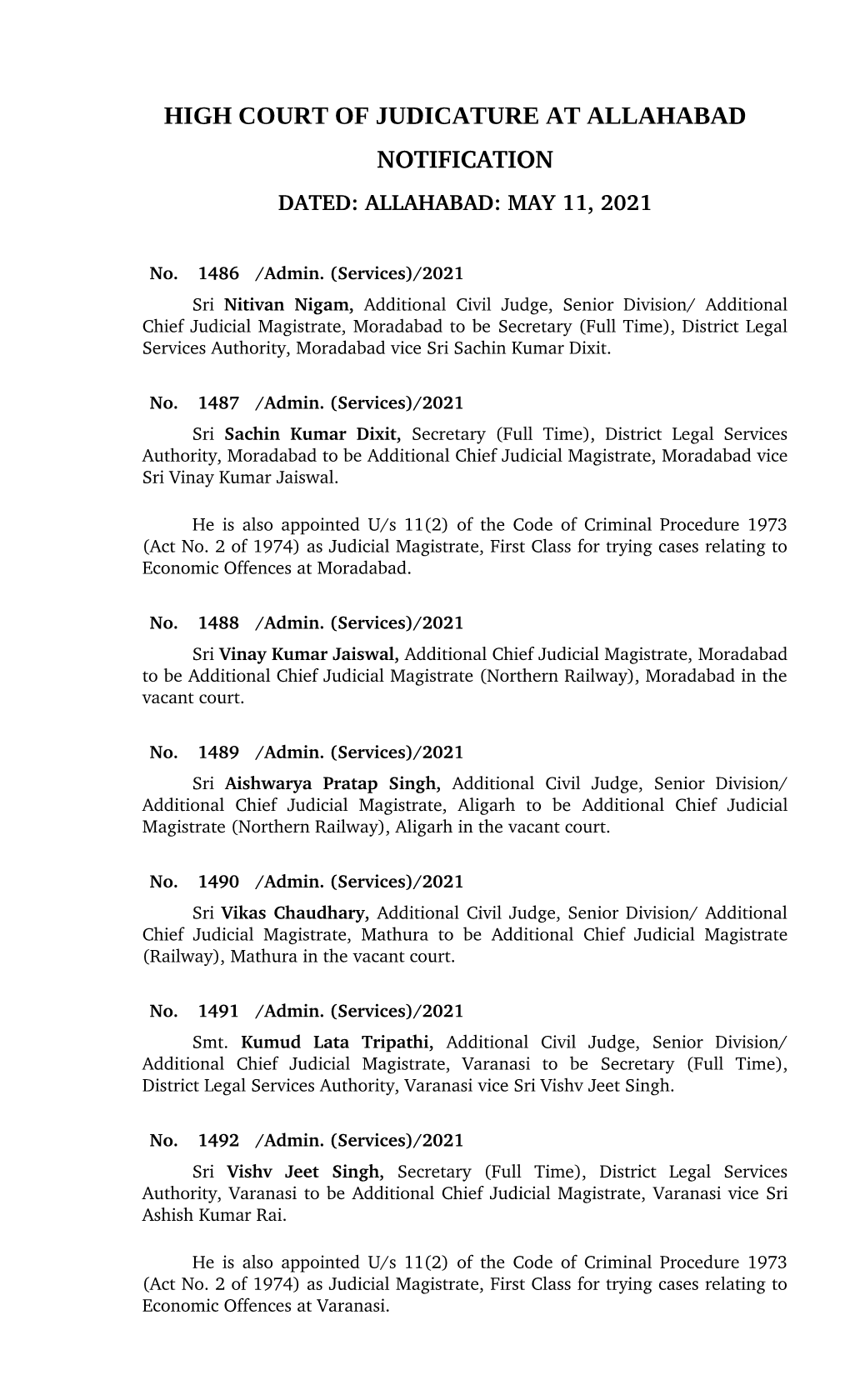 High Court of Judicature at Allahabad Notification Dated: Allahabad: May 11, 2021