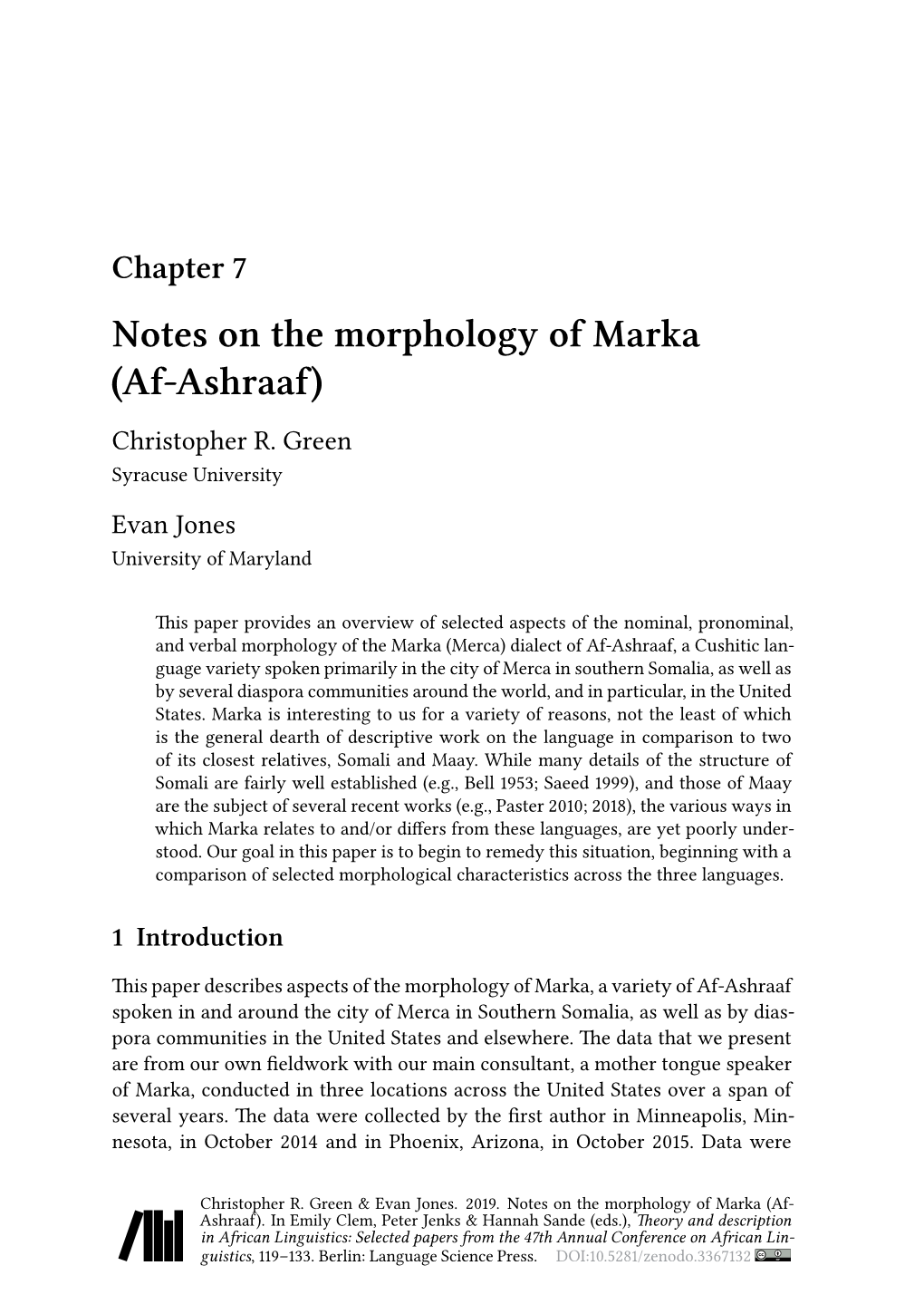 Notes on the Morphology of Marka (Af-Ashraaf) Christopher R