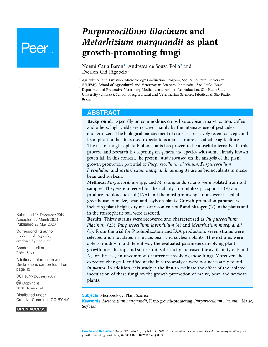 Purpureocillium Lilacinum and Metarhizium Marquandii As Plant Growth-Promoting Fungi