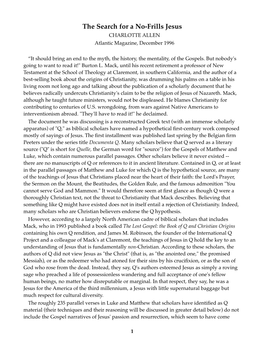 The Search for a No-Frills Jesus CHARLOTTE ALLEN Atlantic Magazine, December 1996