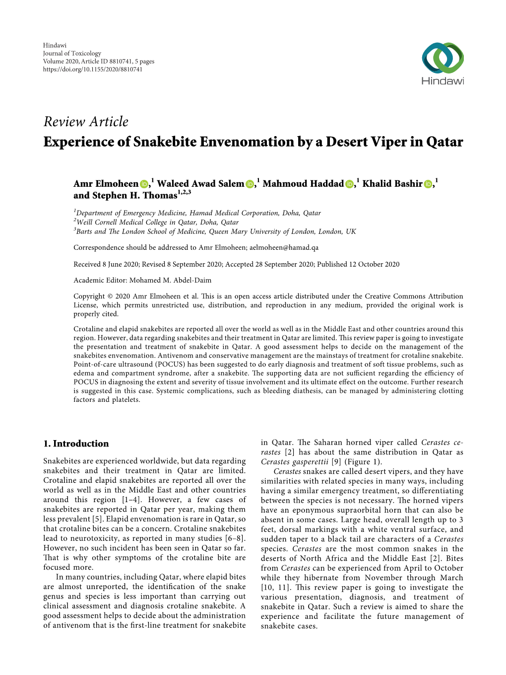 Experience of Snakebite Envenomation by a Desert Viper in Qatar