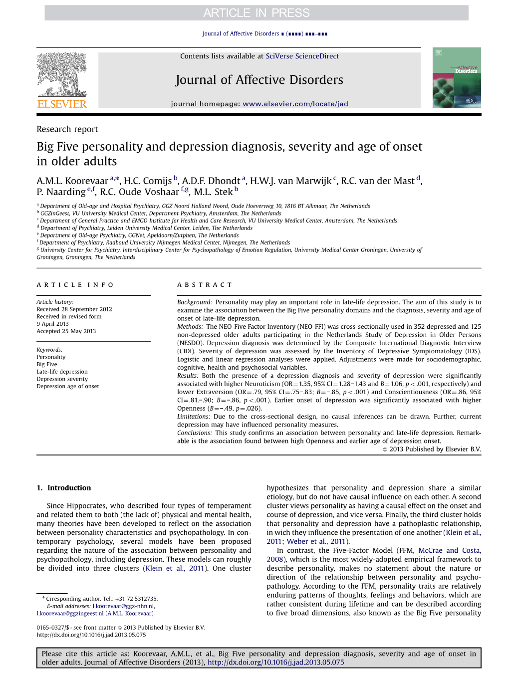 Big Five Personality and Depression Diagnosis, Severity and Age of Onset in Older Adults