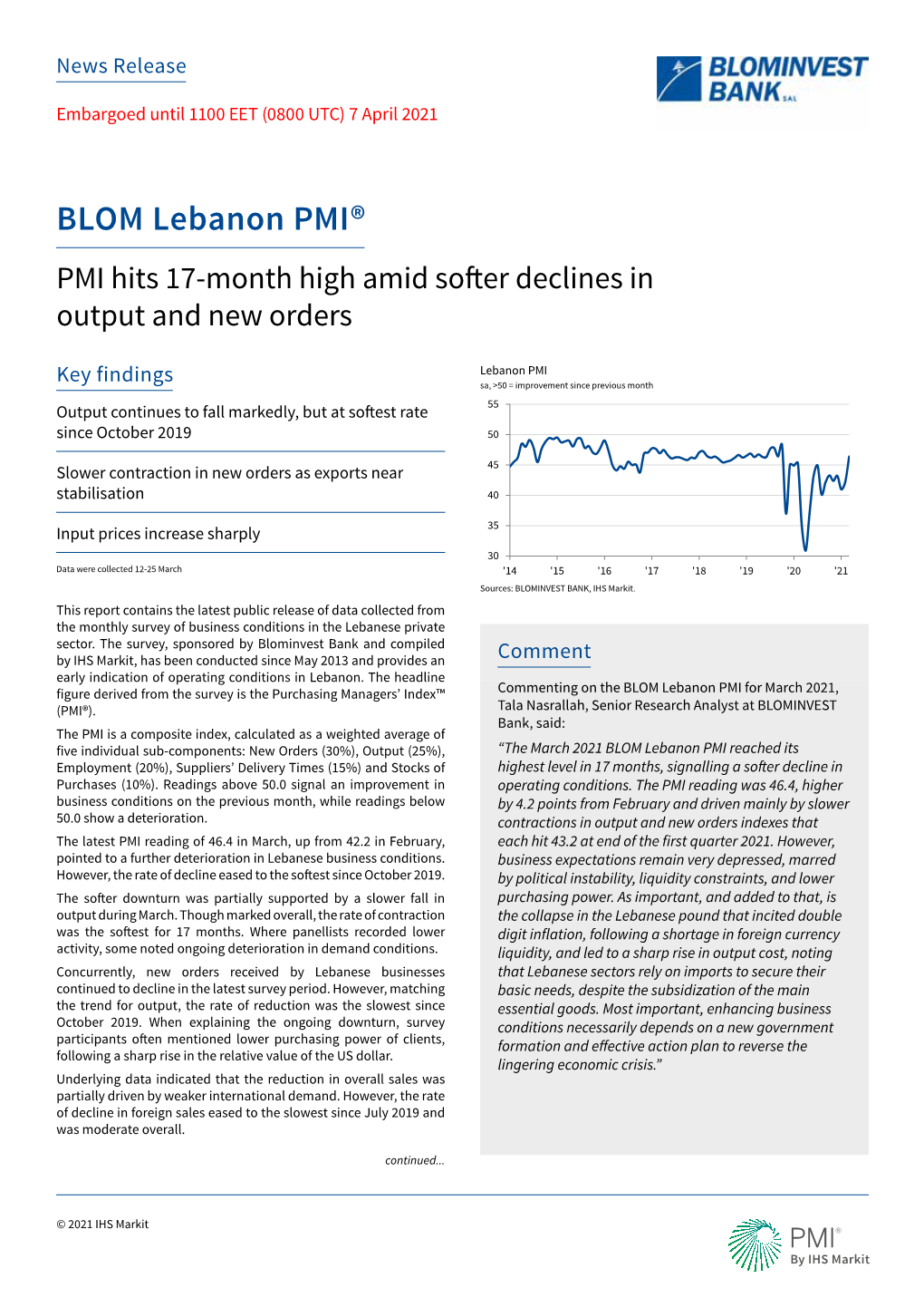 BLOM Lebanon PMI® PMI Hits 17-Month High Amid Softer Declines in Output and New Orders