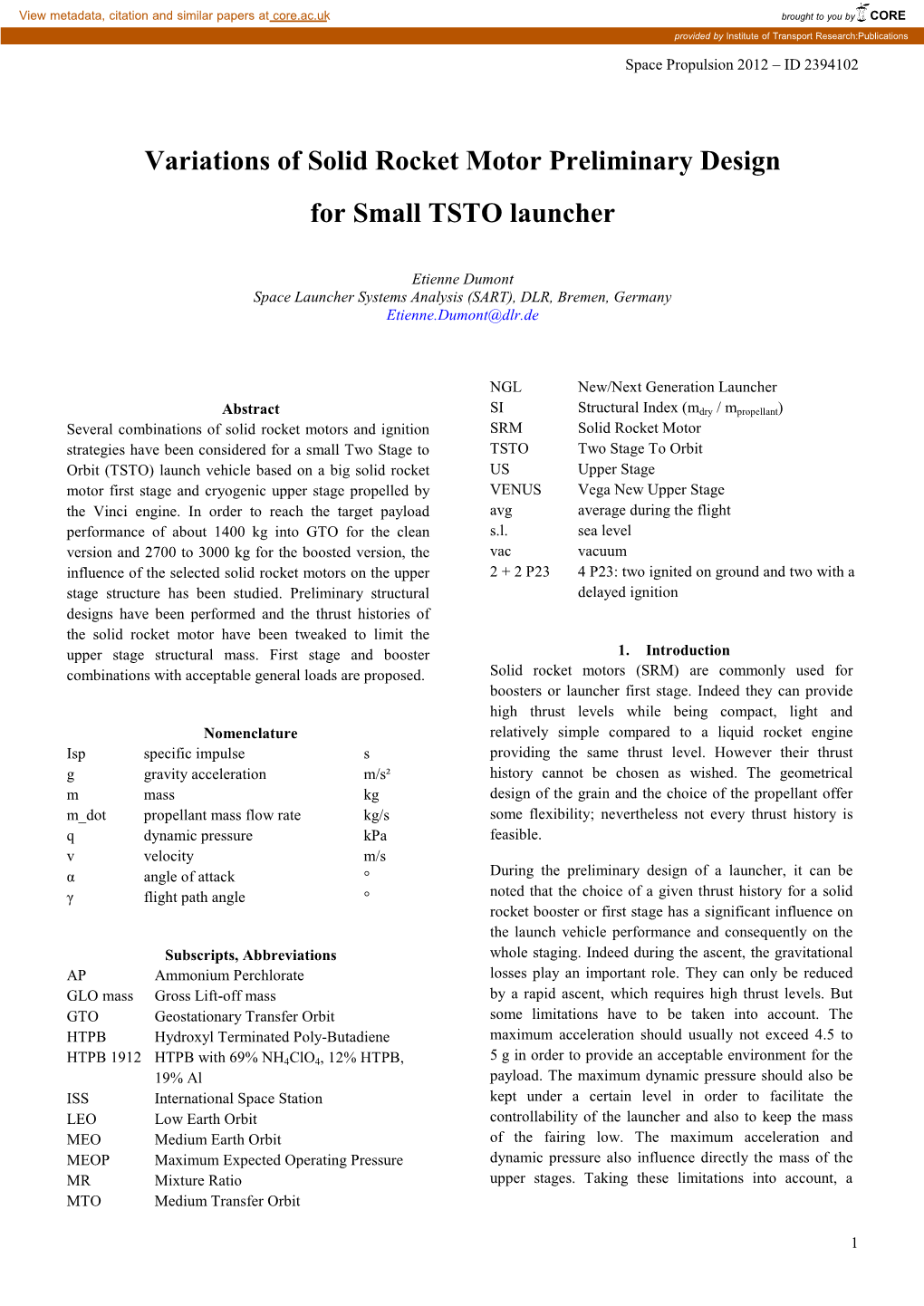 Variations of Solid Rocket Motor Preliminary Design for Small TSTO Launcher