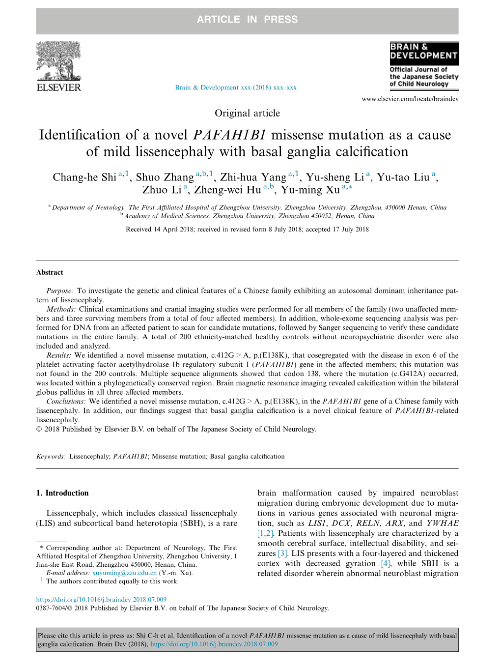 Identification of a Novel PAFAH1B1 Missense Mutation As a Cause Of