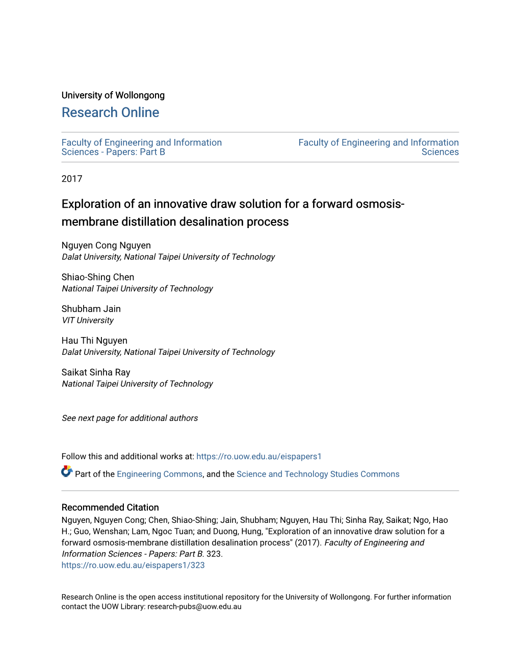 Exploration of an Innovative Draw Solution for a Forward Osmosis- Membrane Distillation Desalination Process