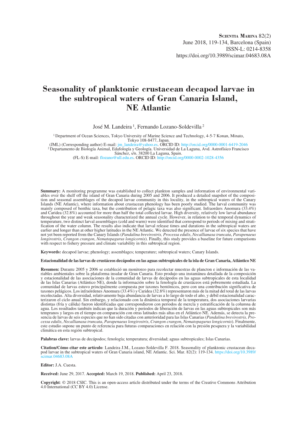 Seasonality of Planktonic Crustacean Decapod Larvae in the Subtropical Waters of Gran Canaria Island, NE Atlantic