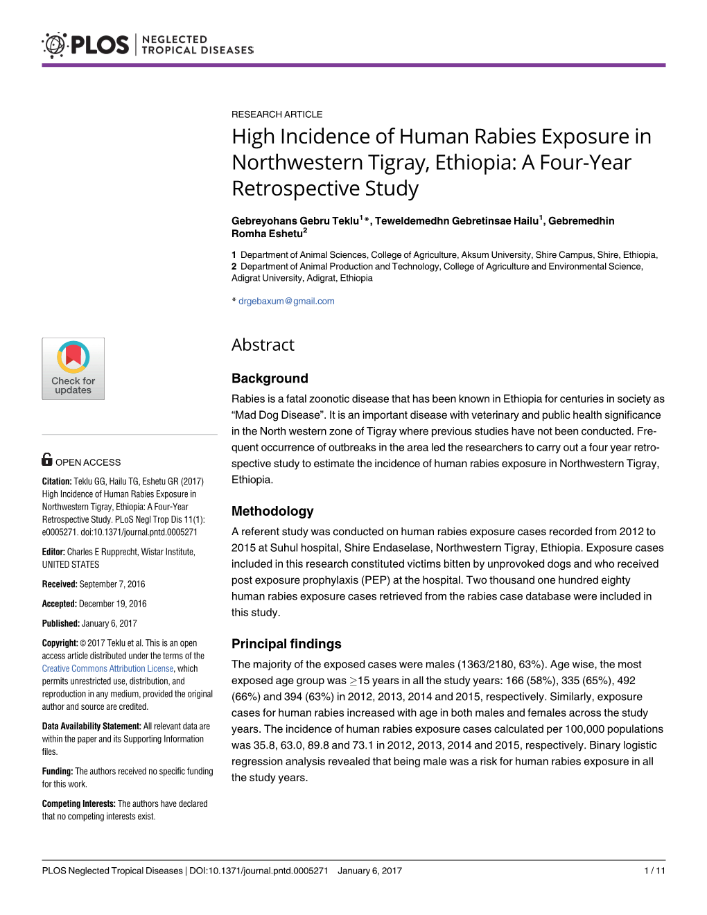 High Incidence of Human Rabies Exposure in Northwestern Tigray, Ethiopia: a Four-Year Retrospective Study