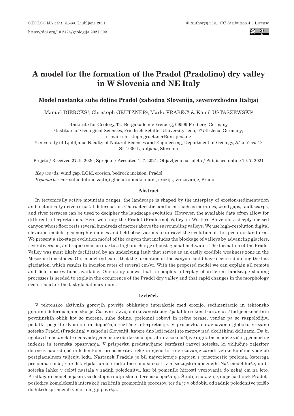 A Model for the Formation of the Pradol (Pradolino) Dry Valley in W Slovenia and NE Italy