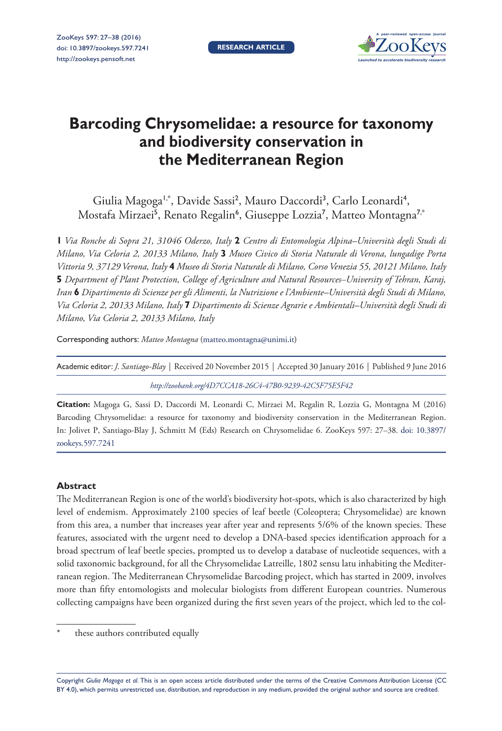 Barcoding Chrysomelidae: a Resource for Taxonomy and Biodiversity Conservation in the Mediterranean Region