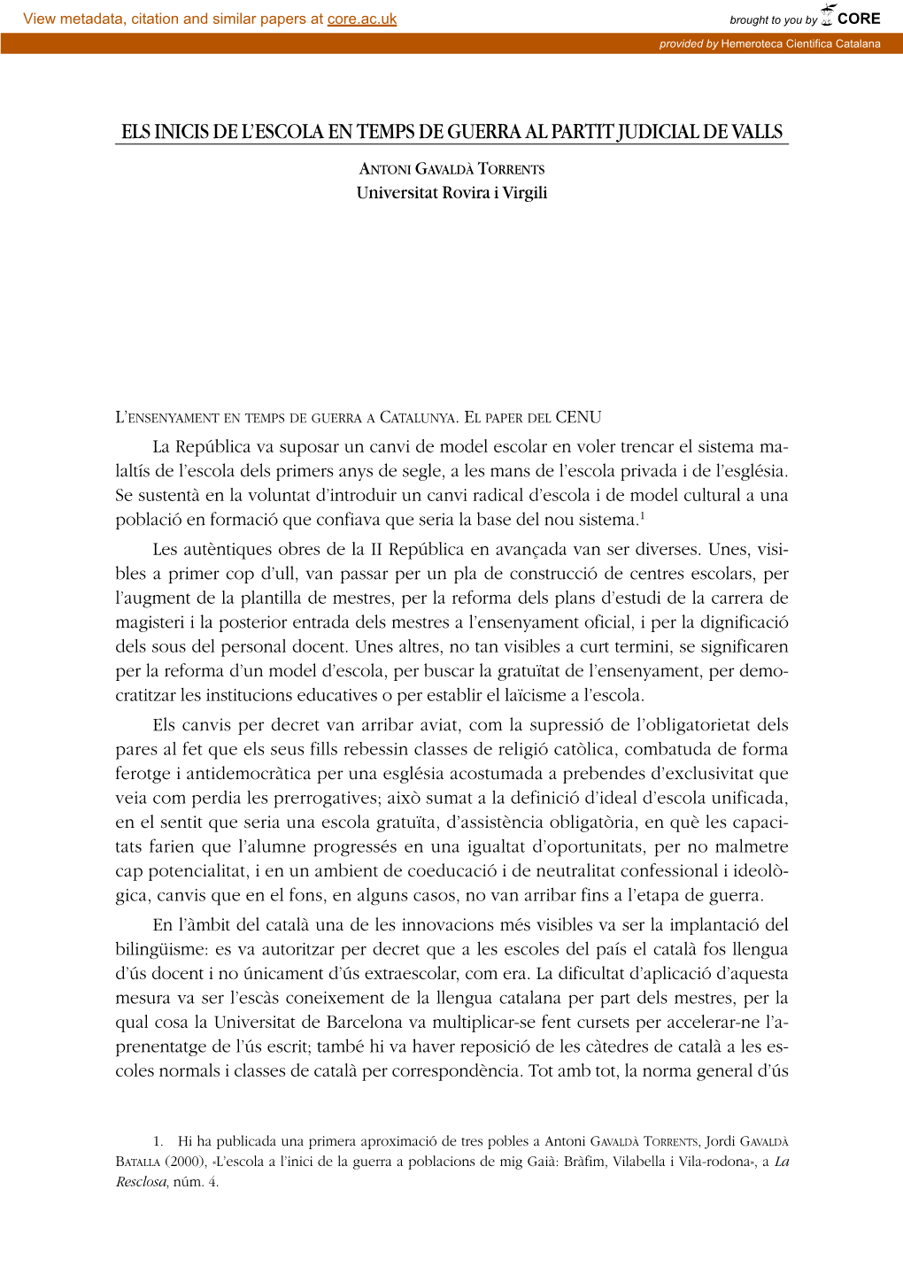 Els Inicis De L'escola En Temps De Guerra Al Partit Judicial De Valls