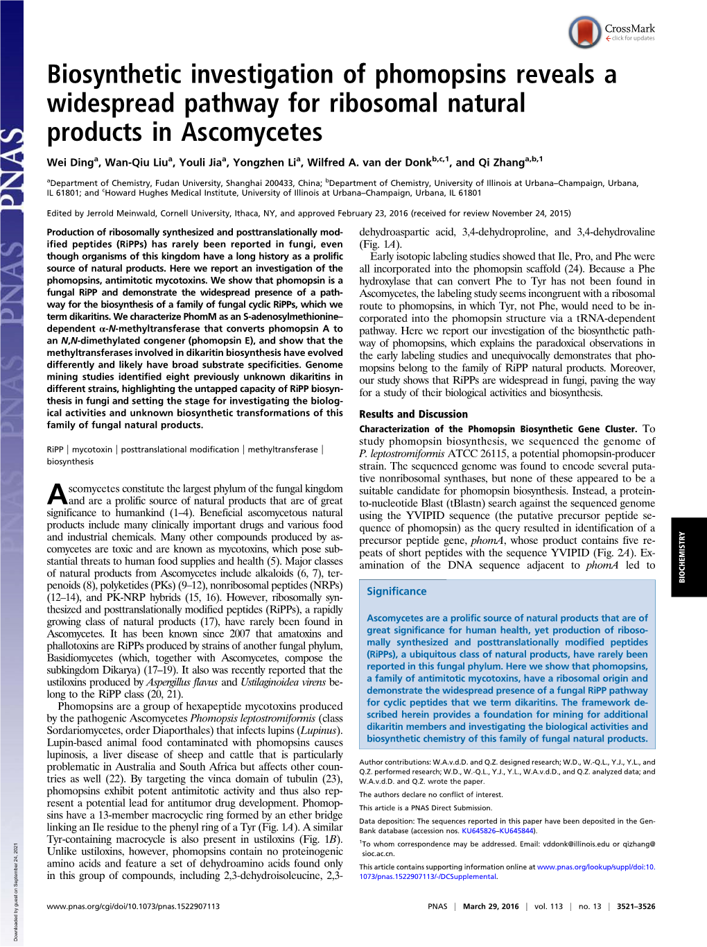 Biosynthetic Investigation of Phomopsins Reveals a Widespread Pathway for Ribosomal Natural Products in Ascomycetes