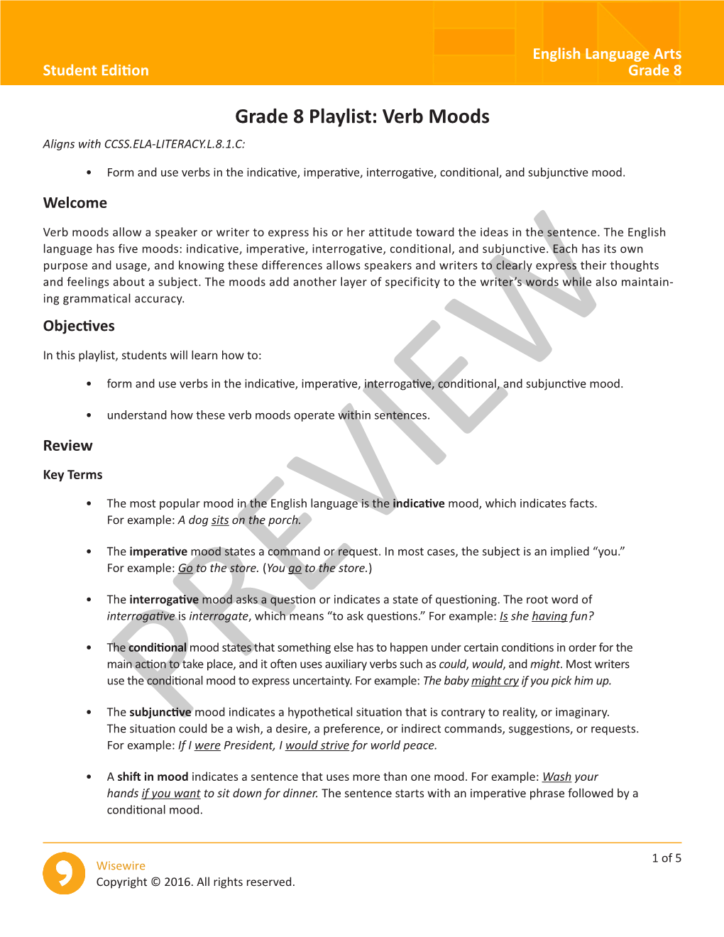 Verb Moods Aligns with CCSS.ELA-LITERACY.L.8.1.C