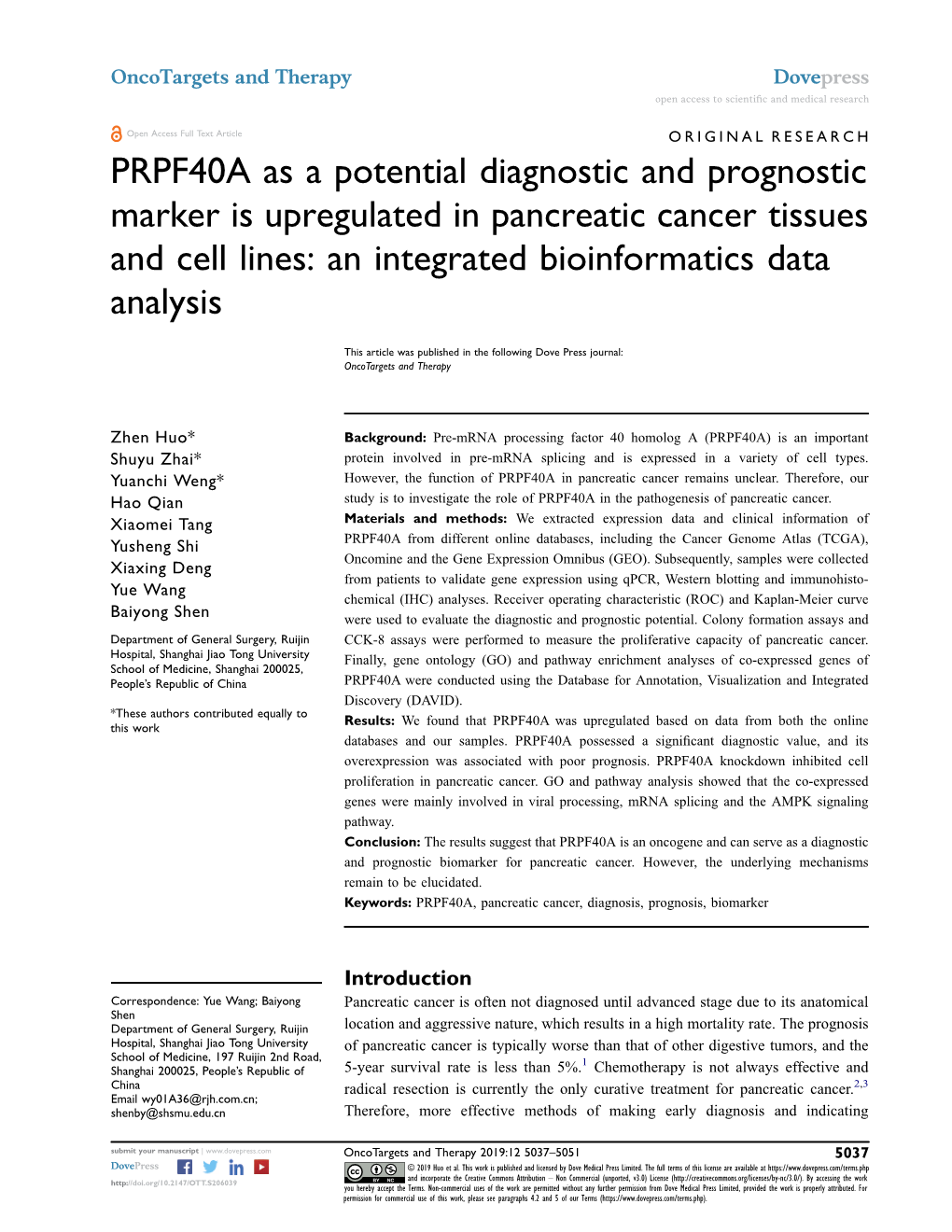 PRPF40A As a Potential Diagnostic and Prognostic Marker Is Upregulated in Pancreatic Cancer Tissues and Cell Lines: an Integrated Bioinformatics Data Analysis
