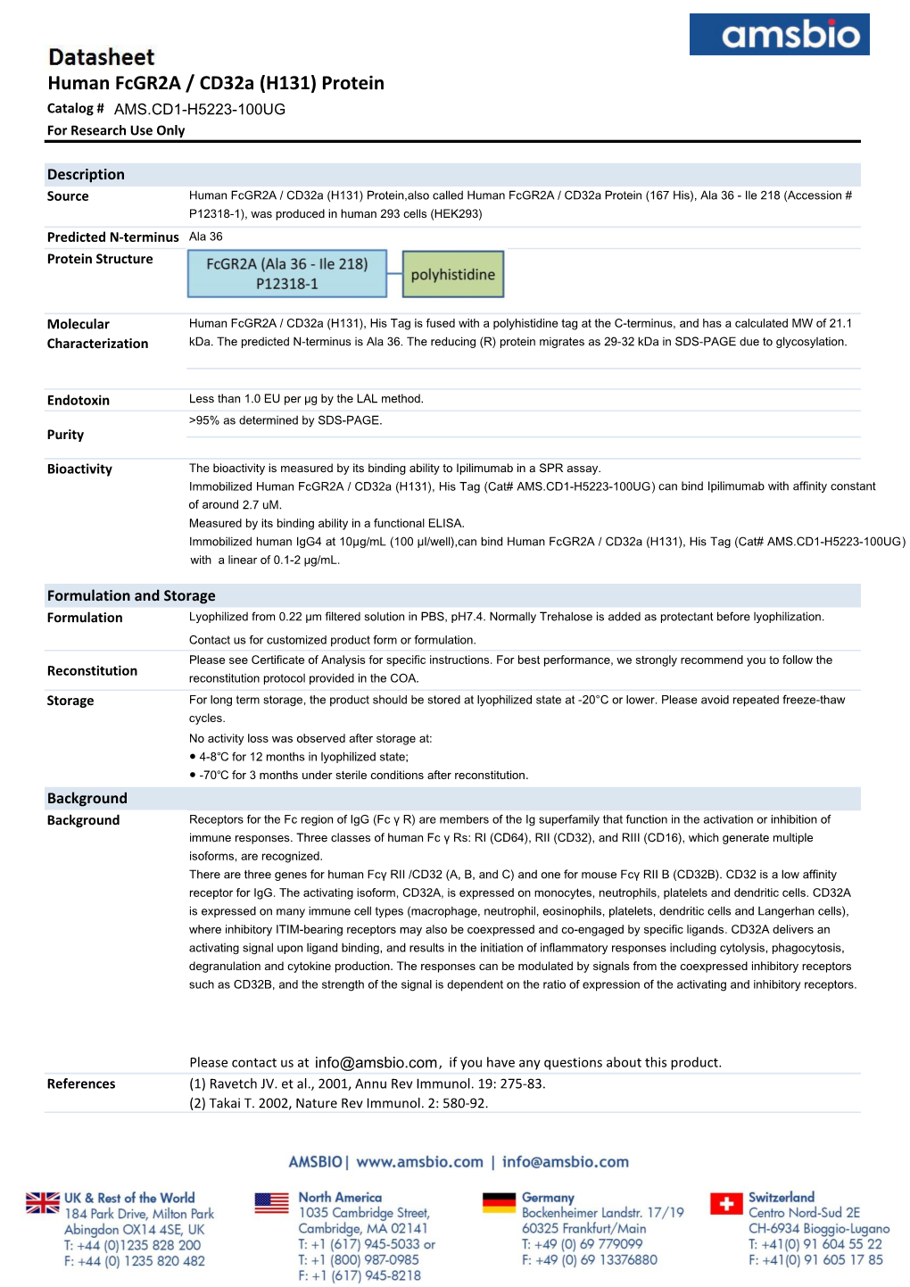 Human Fcgr2a / Cd32a (H131) Protein Catalog # AMS.CD1-H5223-100UG for Research Use Only