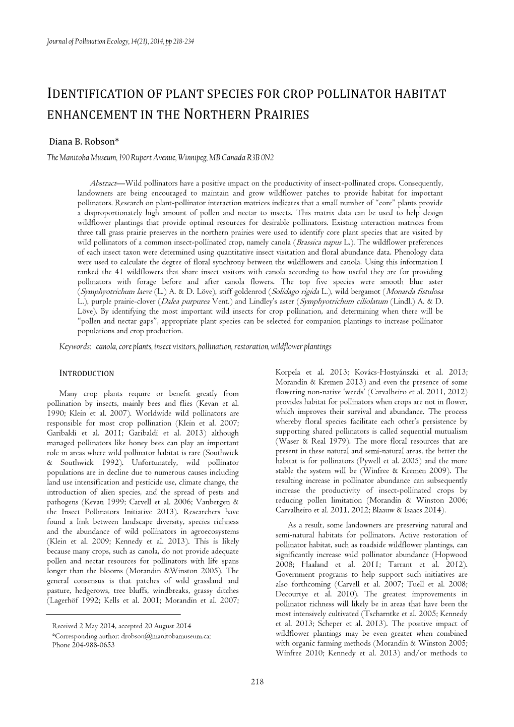 Identification of Plant Species for Crop Pollinator Habitat Enhancement in the Northern Prairies