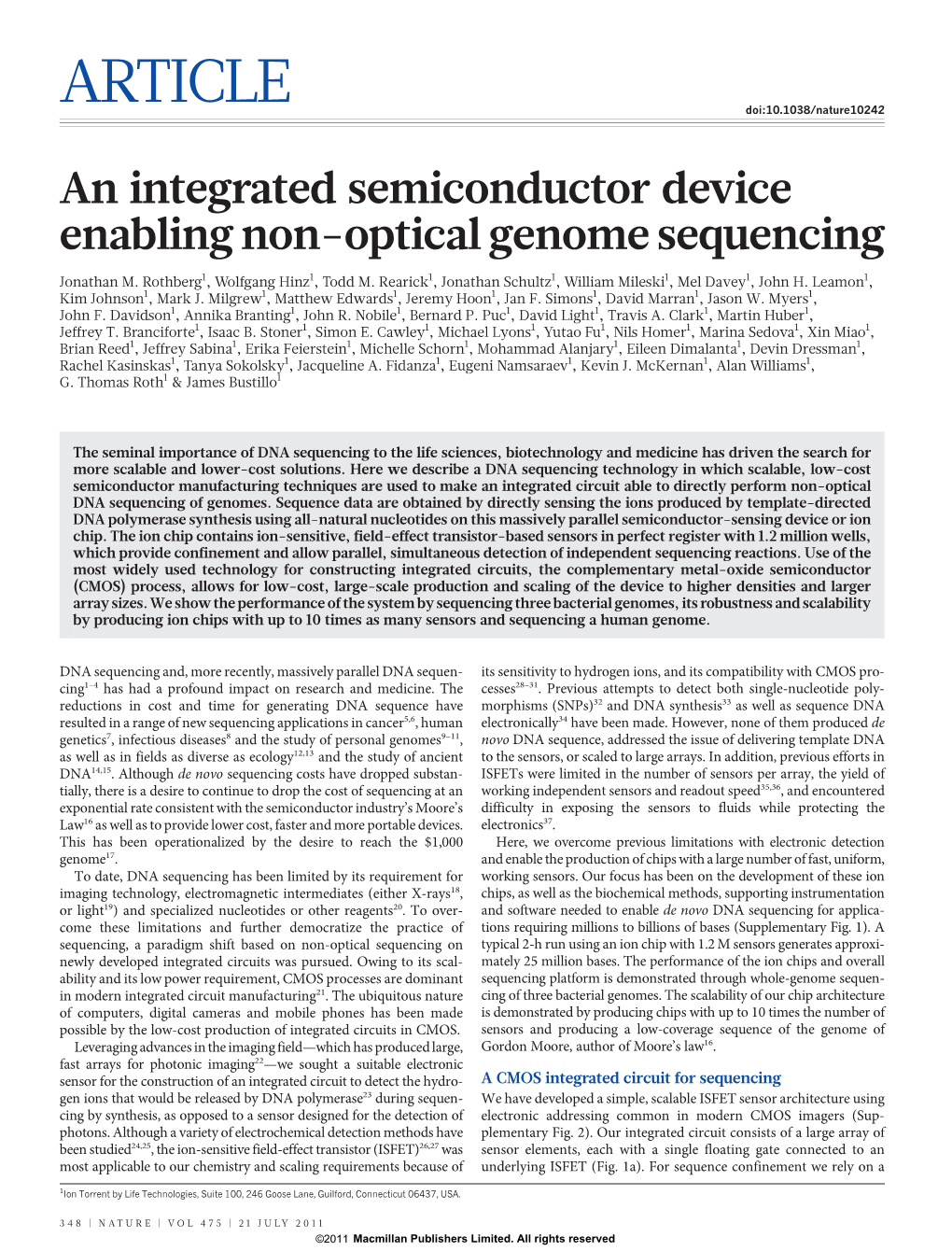 An Integrated Semiconductor Device Enabling Non-Optical Genome Sequencing