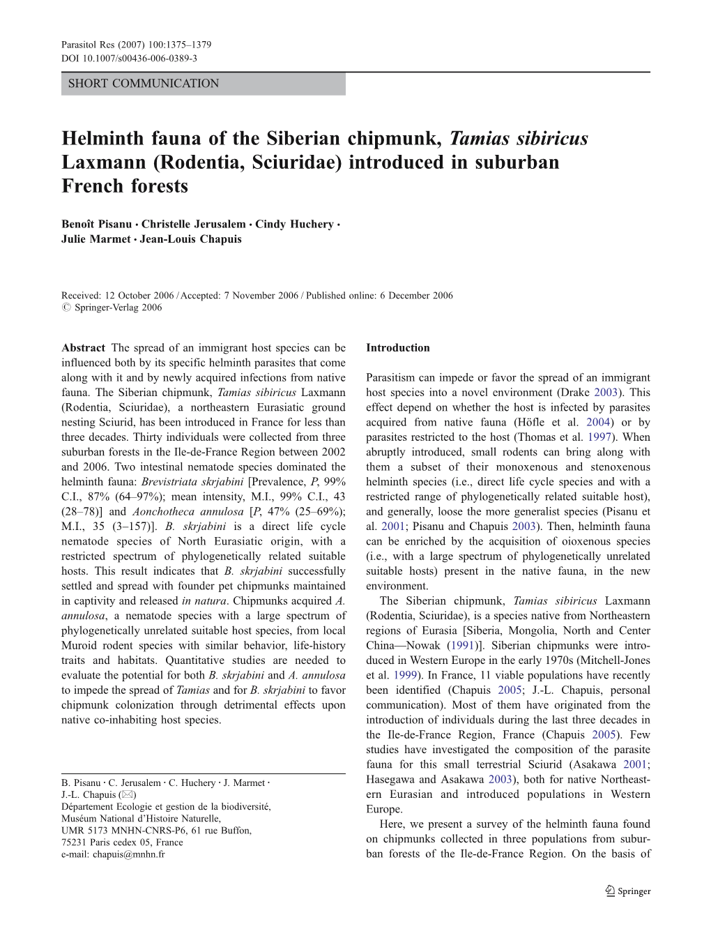 Helminth Fauna of the Siberian Chipmunk, Tamias Sibiricus Laxmann (Rodentia, Sciuridae) Introduced in Suburban French Forests