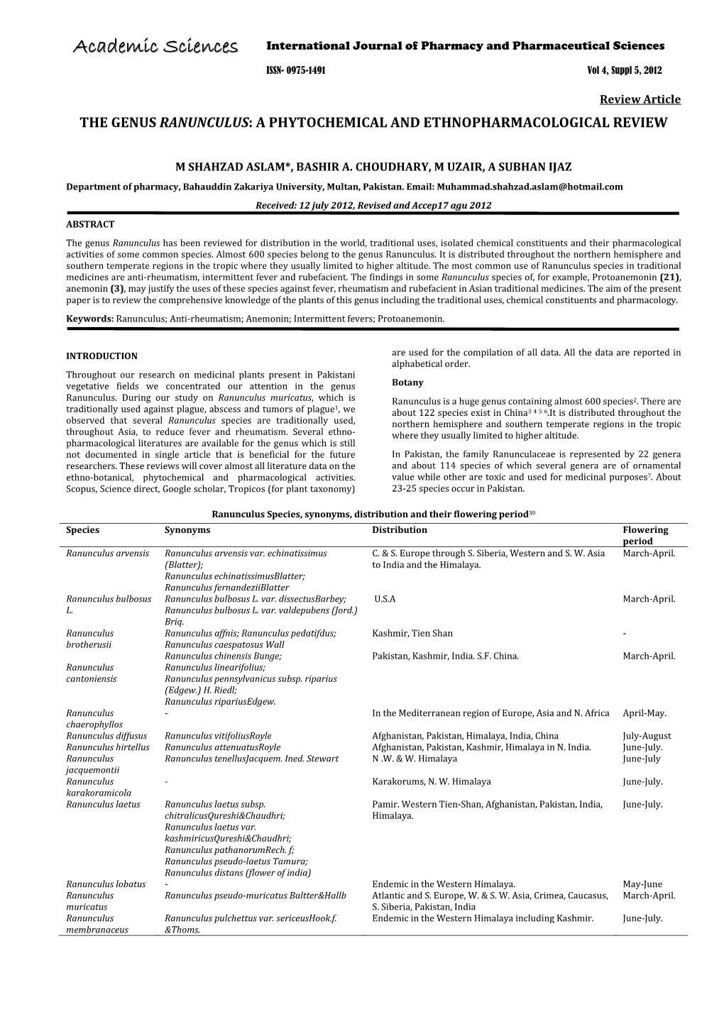 The Genus Ranunculus : a Phytochemical and Ethnopharmacological Review