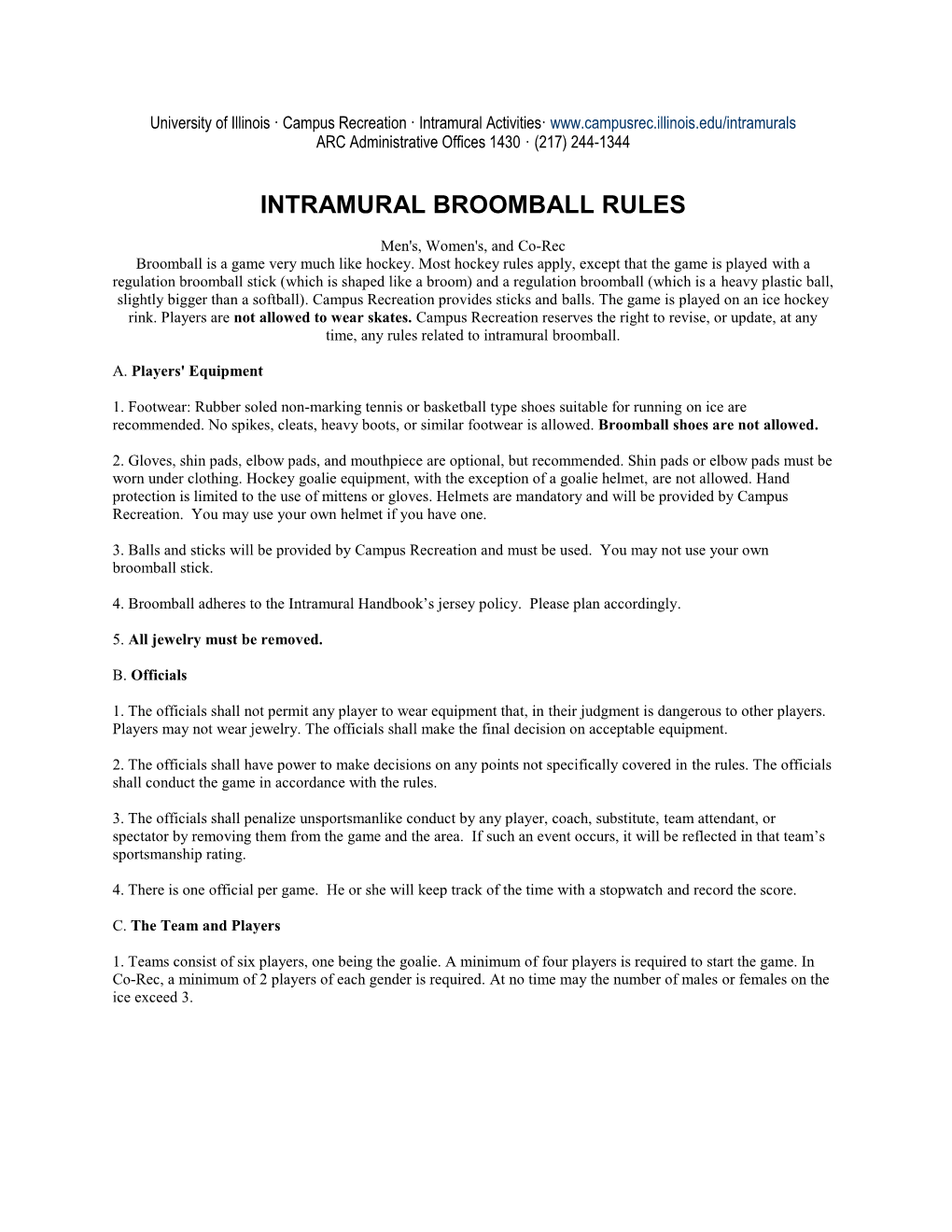 Intramural Broomball Rules