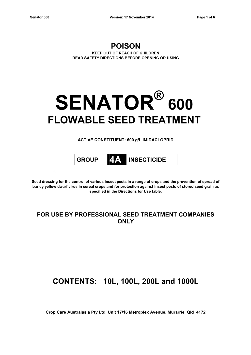 Senator 600 Version: 17 November 2014 Page 1 of 6 ______