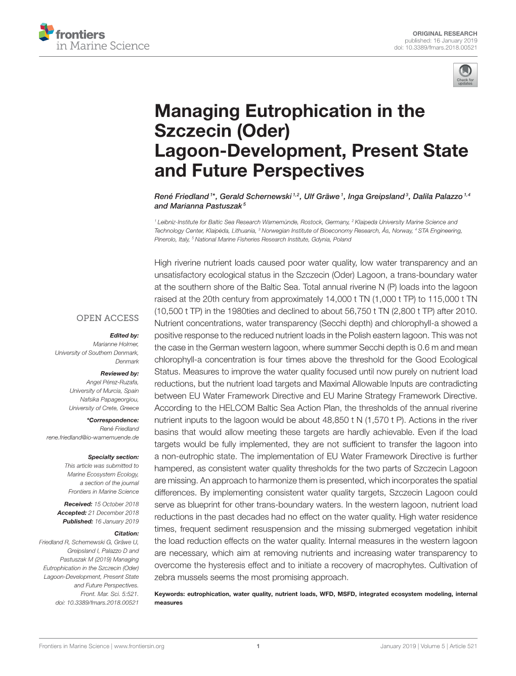 Managing Eutrophication in the Szczecin (Oder) Lagoon-Development, Present State and Future Perspectives