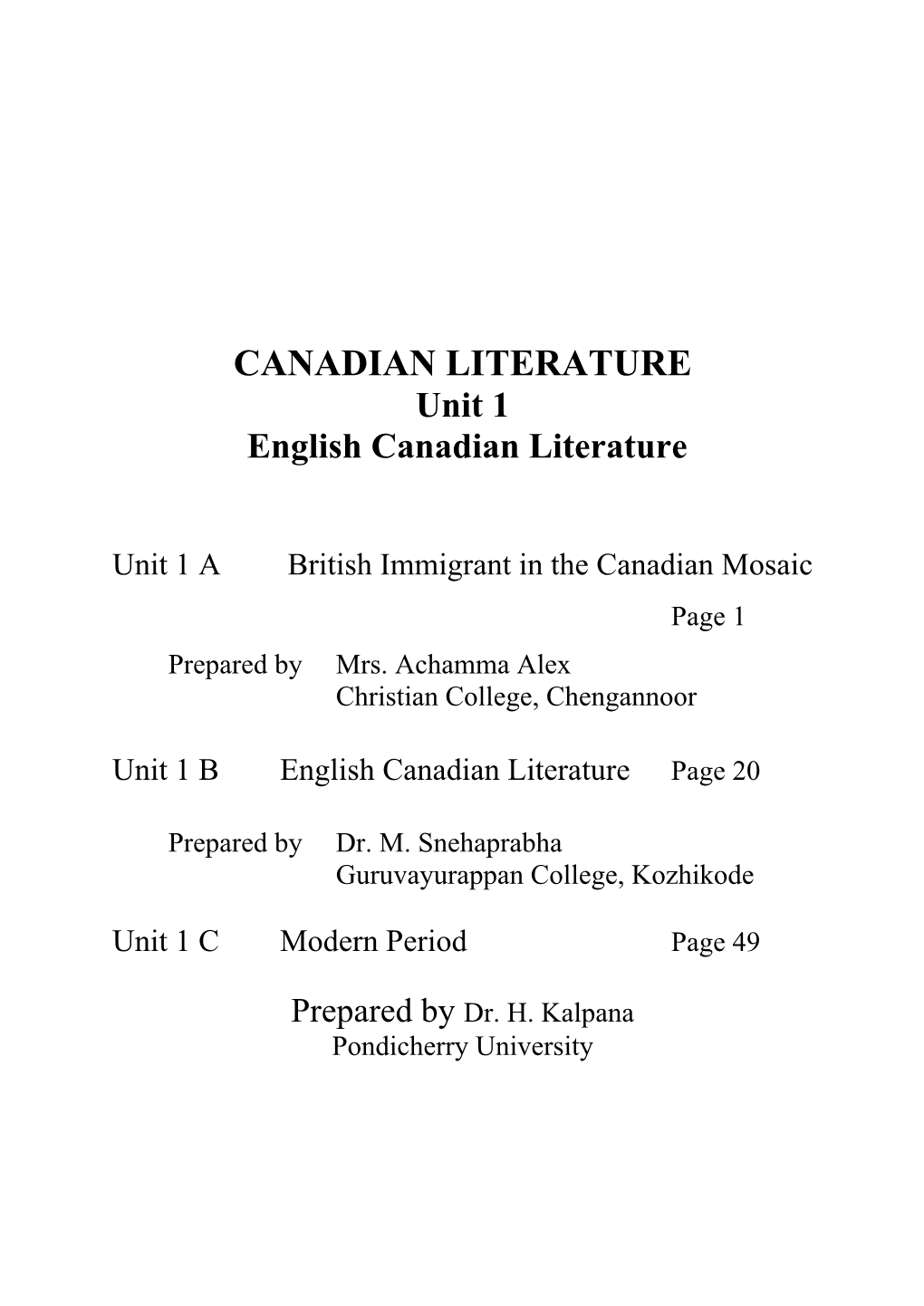Unit 1 English Canadian Literature