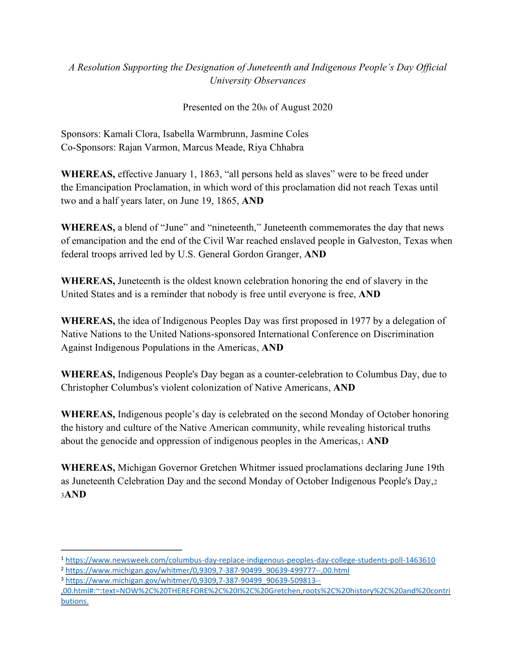 A Resolution Supporting the Designation of Juneteenth and Indigenous People’S Day Official University Observances