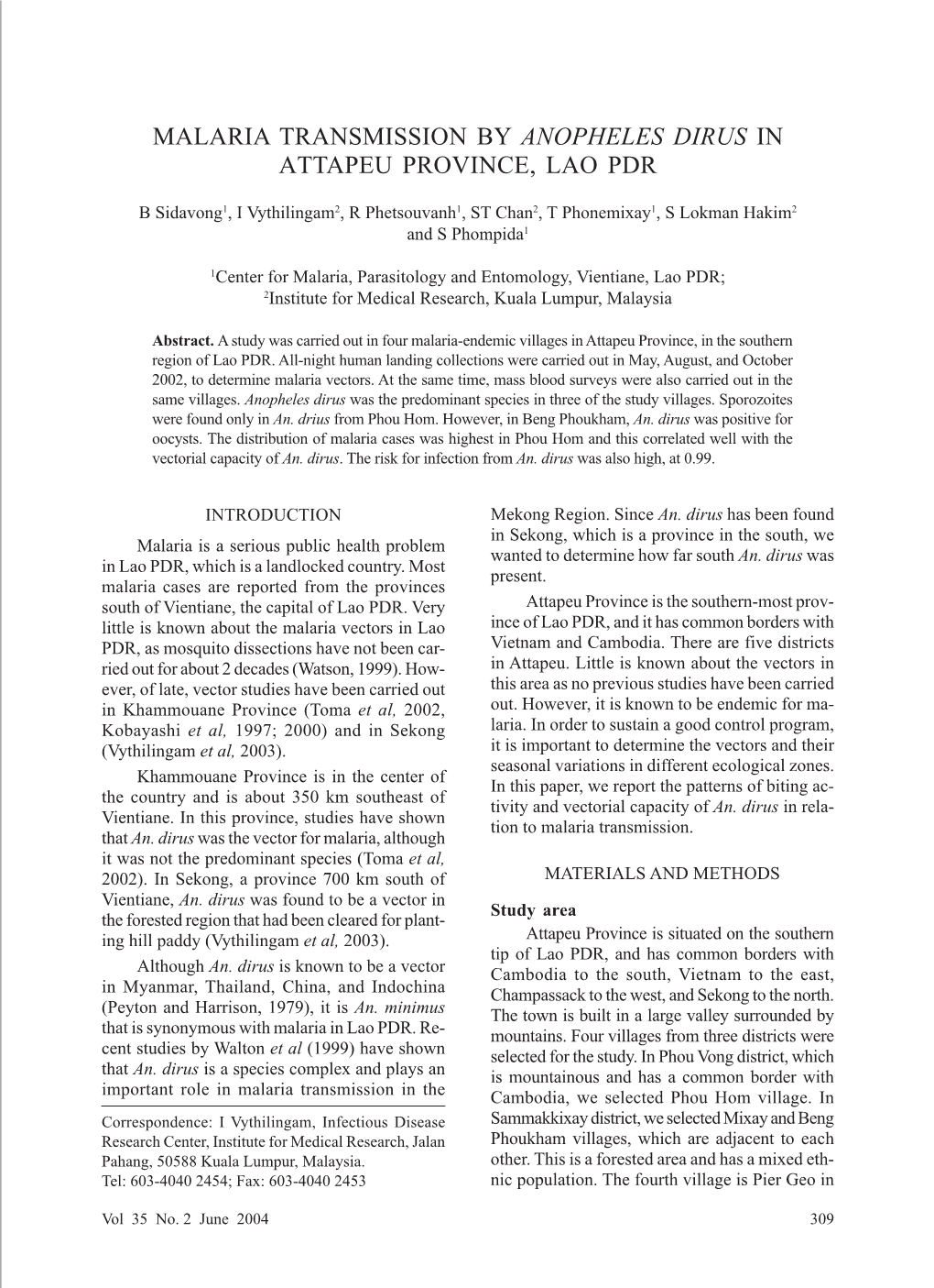 Malaria Transmission by Anopheles Dirus in Attapeu Province, Lao Pdr