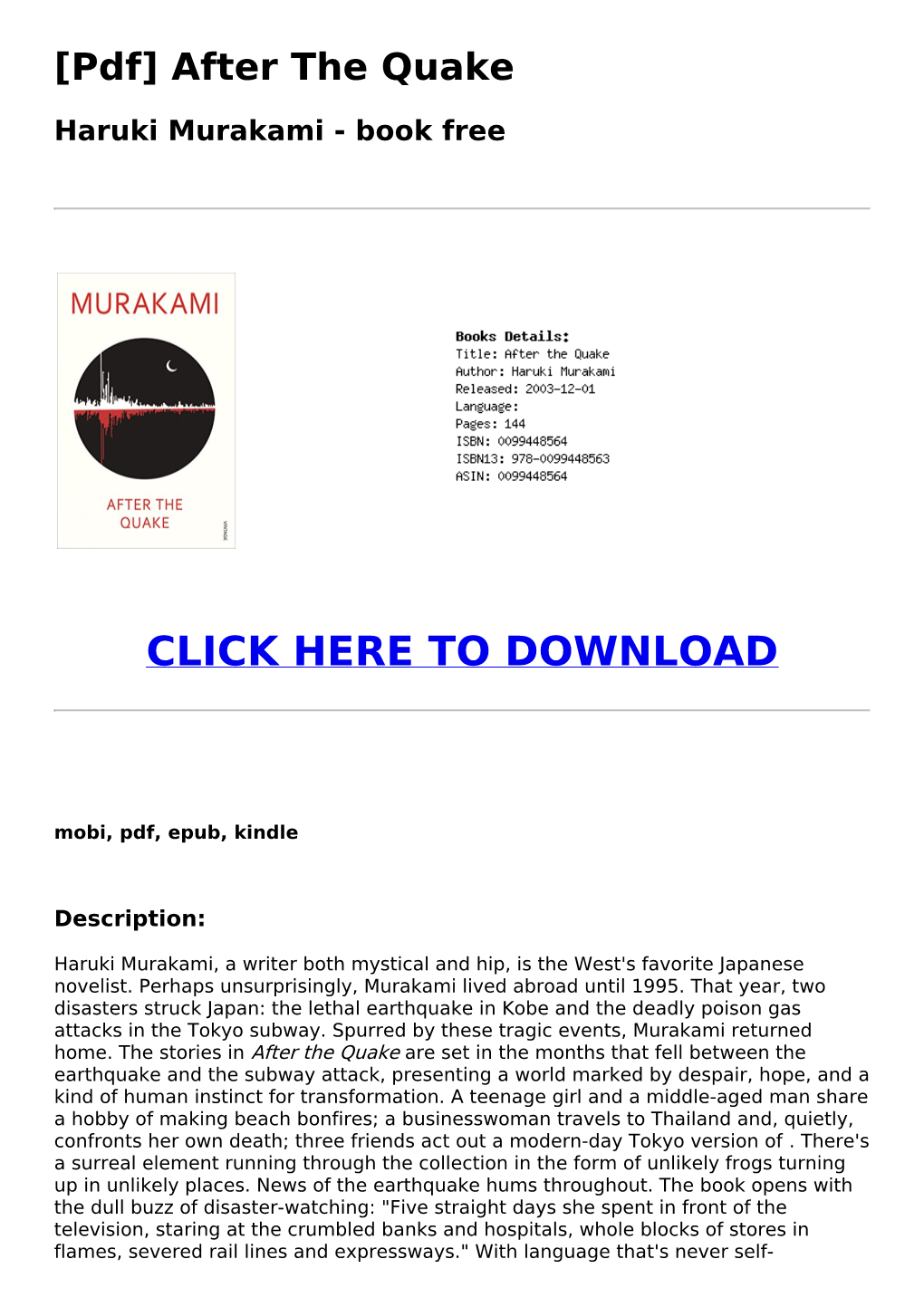 [Pdf] After the Quake Haruki Murakami