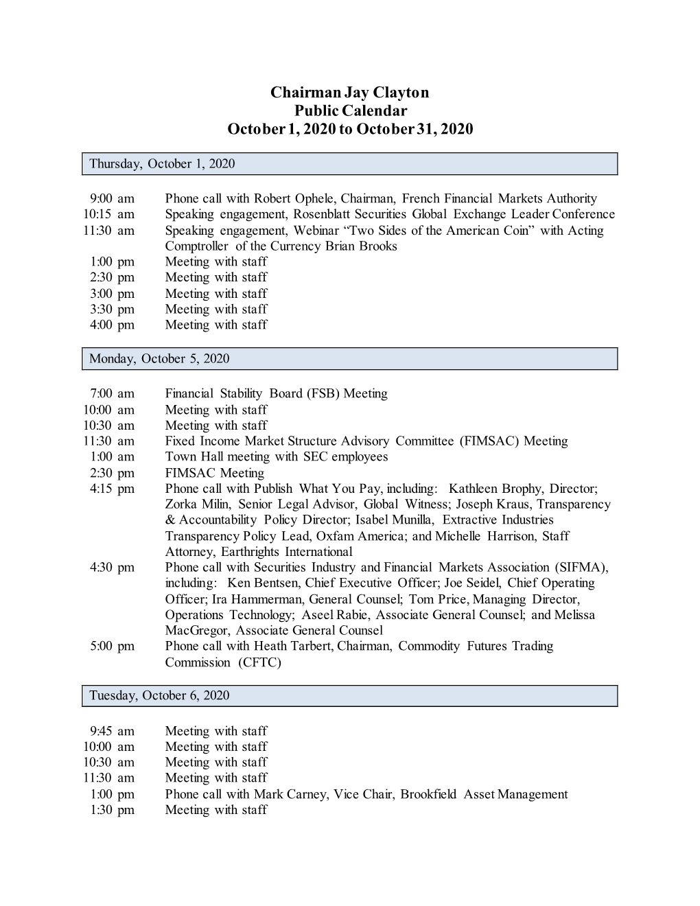 Chairman Jay Clayton, October 1, 2020 to October 31, 2020