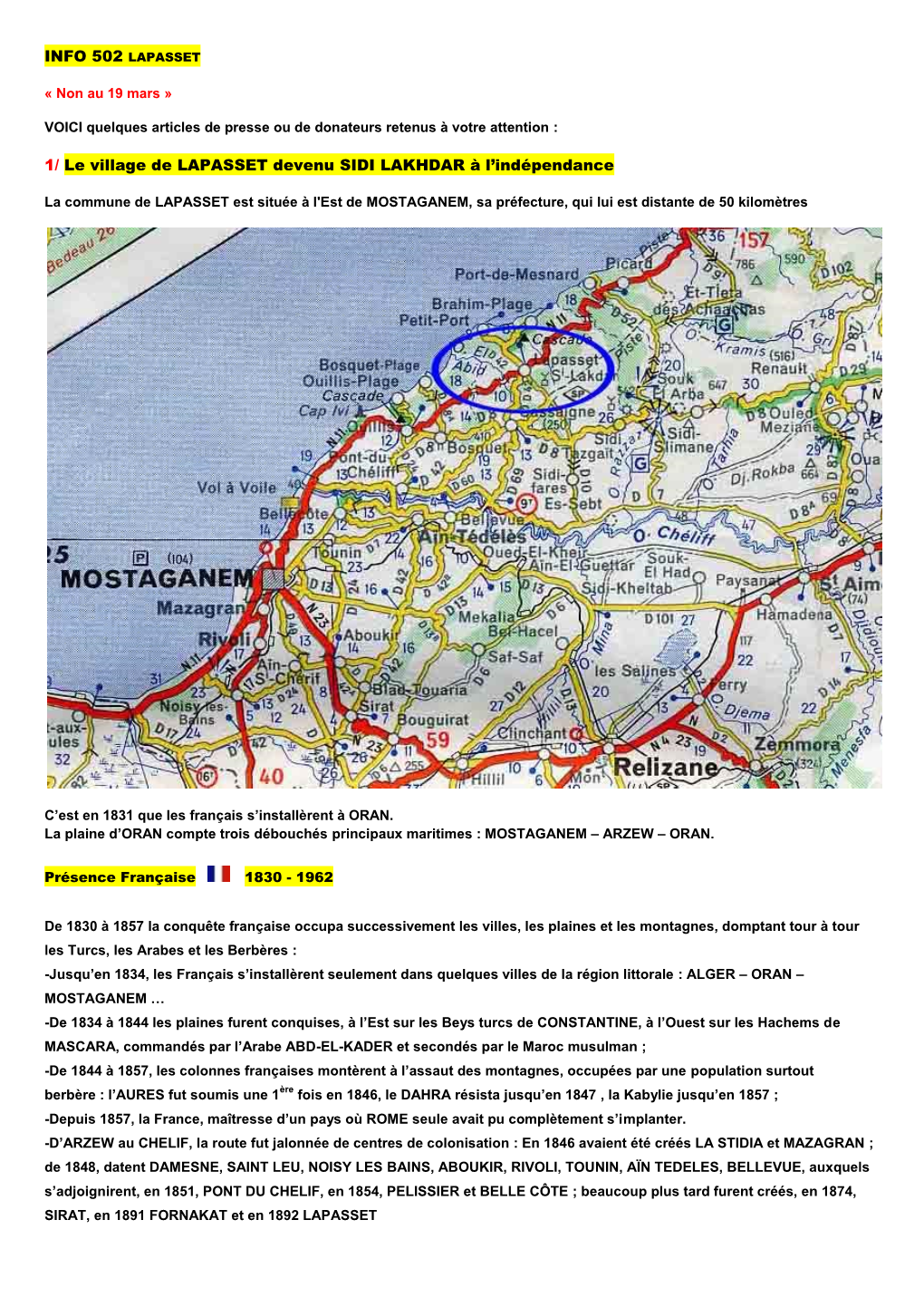 INFO 502 LAPASSET 1/ Le Village De LAPASSET Devenu SIDI LAKHDAR