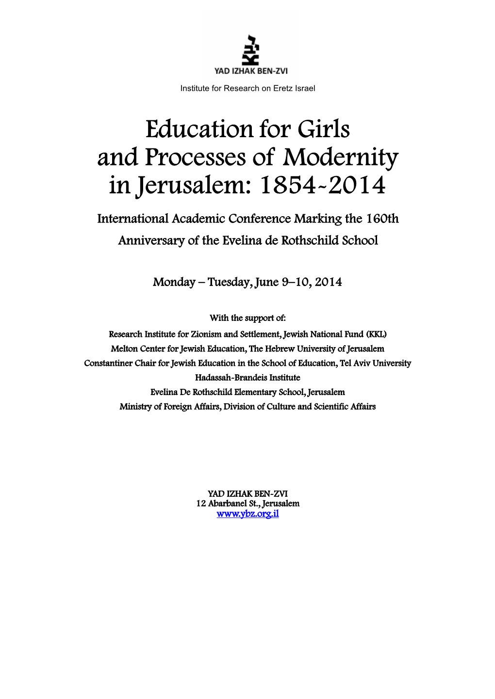 Education for Girls and Processes of Modernity in Jerusalem: 1854-2014
