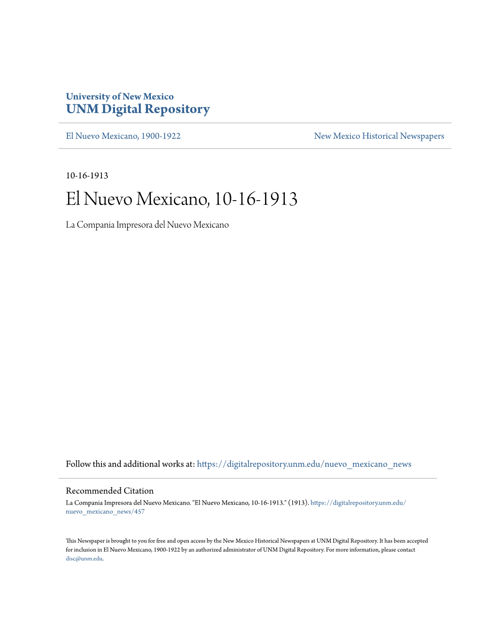 El Nuevo Mexicano, 10-16-1913 La Compania Impresora Del Nuevo Mexicano