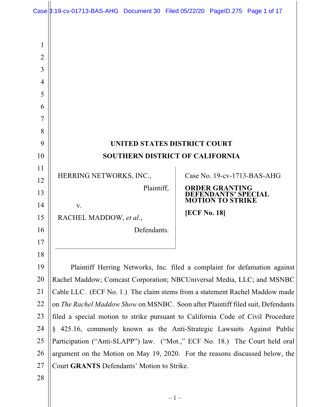 Case 3:19-Cv-01713-BAS-AHG Document 30 Filed 05/22/20 Pageid.275 Page 1 of 17