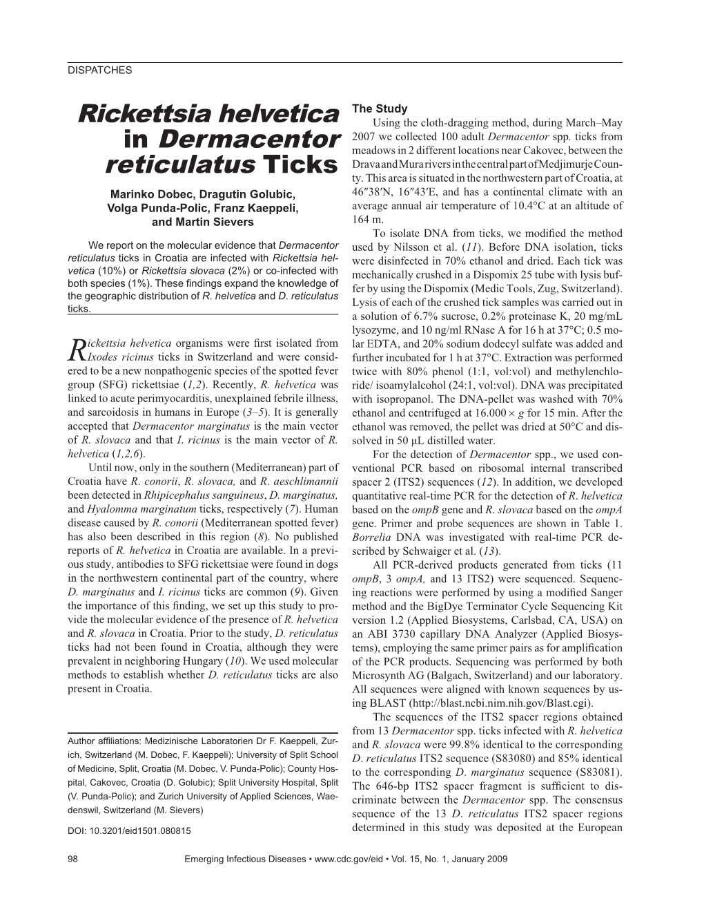Rickettsia Helvetica in Dermacentor Reticulatus Ticks