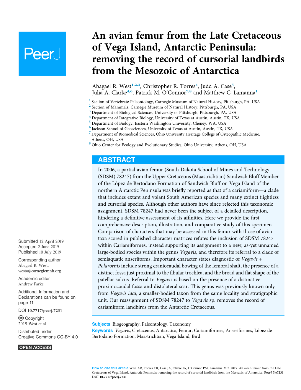 An Avian Femur from the Late Cretaceous of Vega Island, Antarctic Peninsula: Removing the Record of Cursorial Landbirds from the Mesozoic of Antarctica