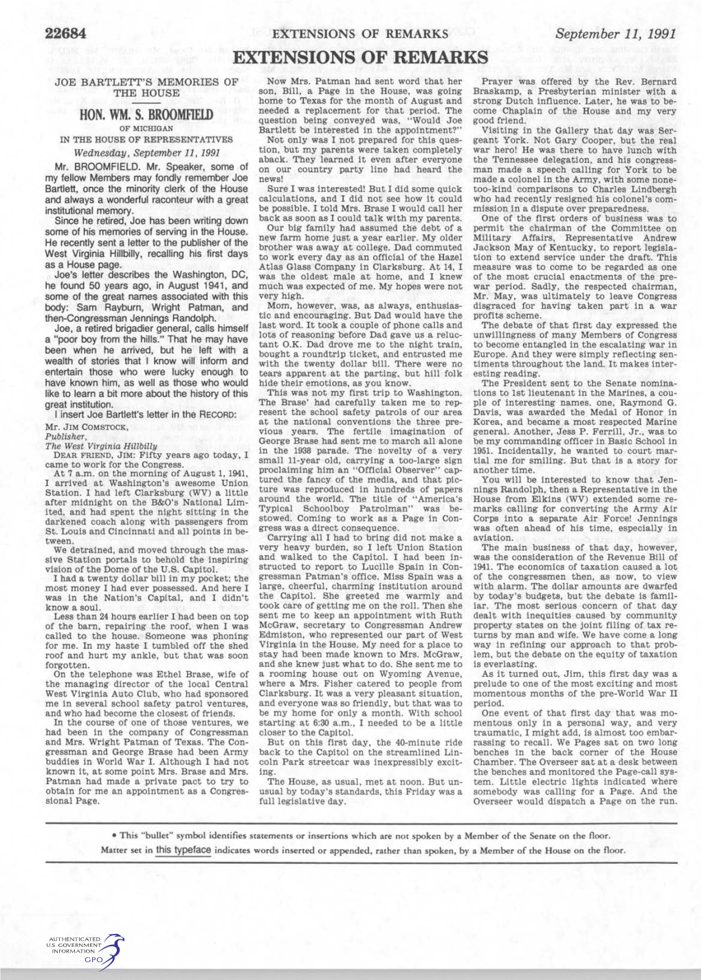 EXTENSIONS of REMARKS September 11, 1991 EXTENSIONS of REMARKS JOE BARTLETT's MEMORIES of Now Mrs