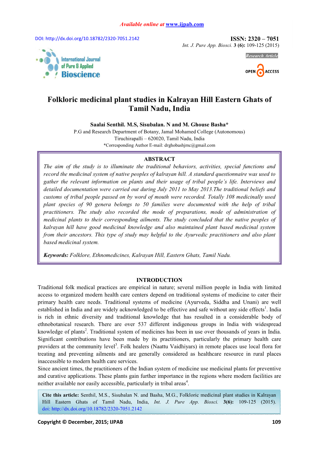 Folkloric Medicinal Plant Studies in Kalrayan Hill Eastern Ghats of Tamil Nadu, India