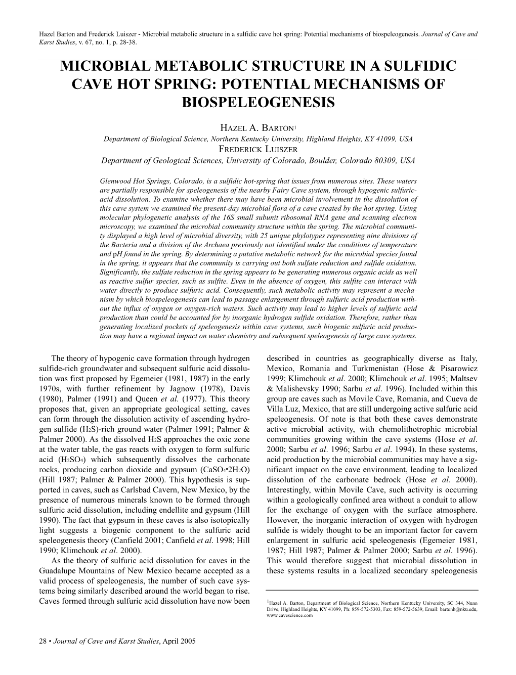 Microbial Metabolic Structure in a Sulfidic Cave Hot Spring: Potential Mechanisms of Biospeleogenesis