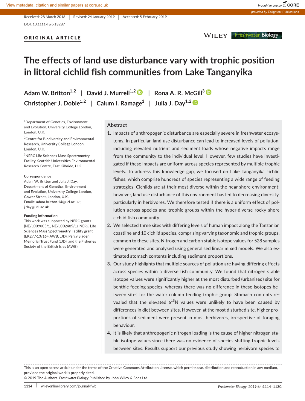 The Effects of Land Use Disturbance Vary with Trophic Position in Littoral Cichlid Fish Communities from Lake Tanganyika