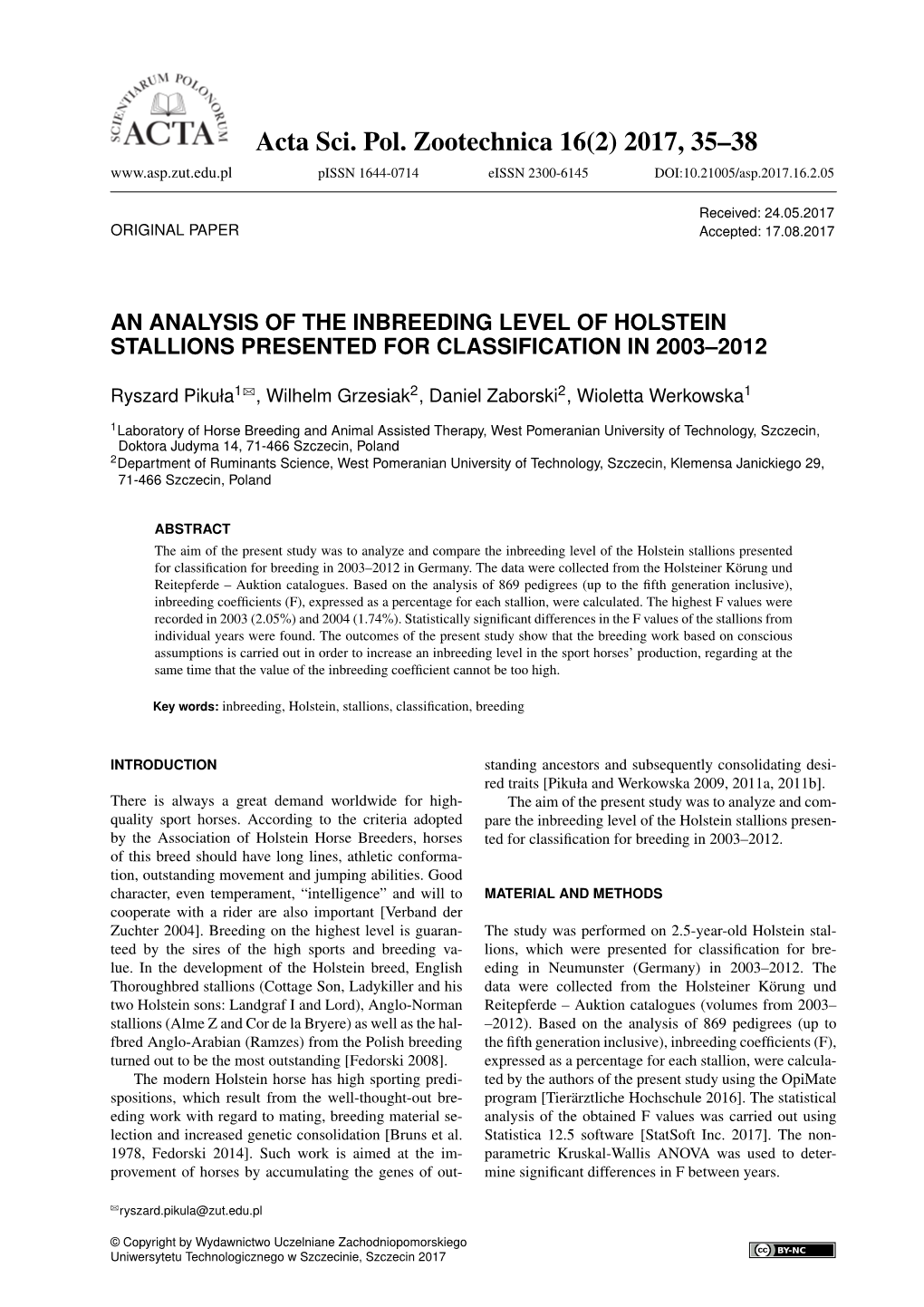 An Analysis of the Inbreeding Level of Holstein Stallions Presented for Classification in 2003–2012