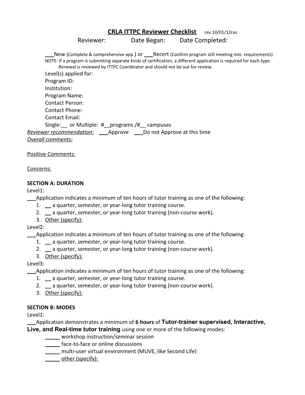 CRLA ITTPC Reviewer Checklist Rev.10/01/12Ras Reviewer: Date Began: Date Completed